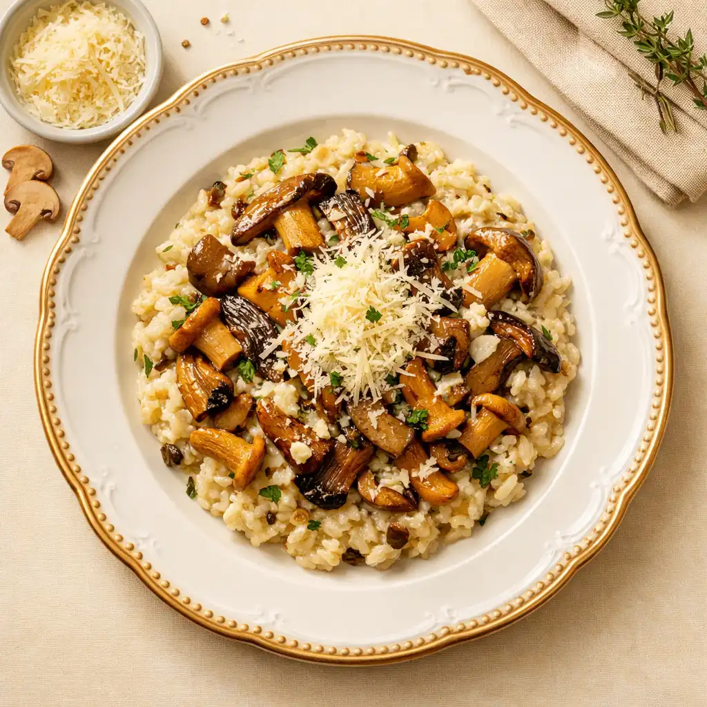 Risotto z grzybami leśnymi wykończone parmezanem