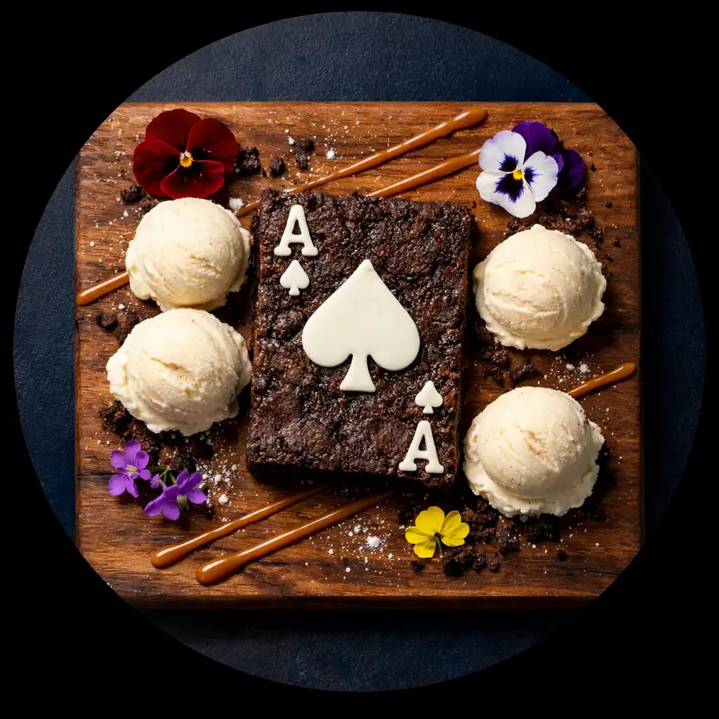 Deser Blackjack – brownie w kształcie karty, lody waniliowe jako żetony i sos karmelowy na prostokątnej desce.