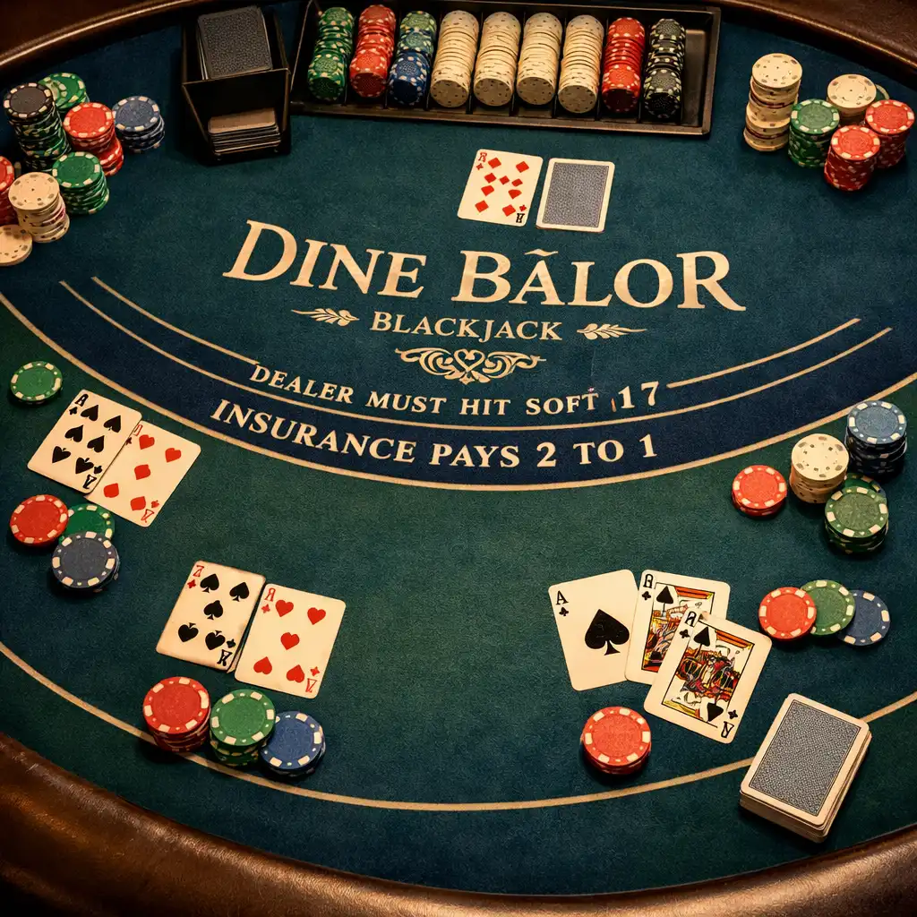 Stół do blackjacka w kasynie Dine Balor z kartami i żetonami