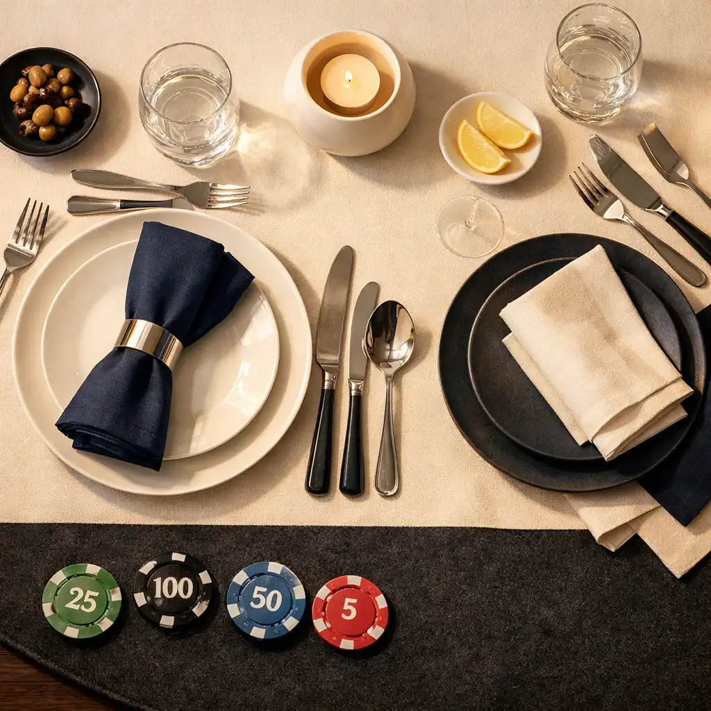 Elegancko nakryty stół w restauracji Dine Balor z fragmentem ciemnego filcu i fizycznymi żetonami przy dolnej krawędzi kadru