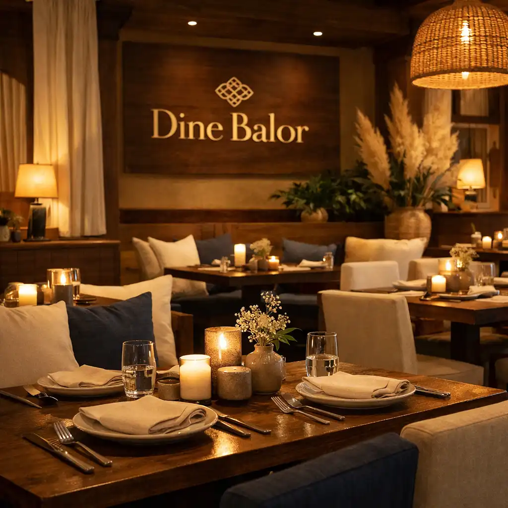 Wnętrze restauracji Dine Balor z widokiem na stoły i elementy dekoracyjne