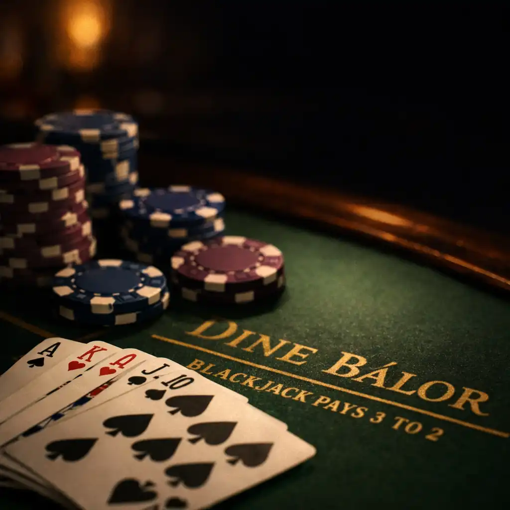Ekstremalne zbliżenie na stół do blackjacka z fizycznymi kartami i żetonami