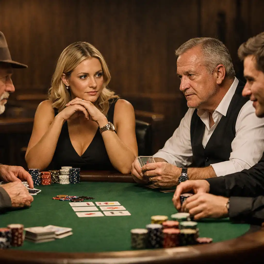 Szerokie ujęcie stołu pokerowego w trakcie gry, z uczestnikami siedzącymi twarzą w twarz