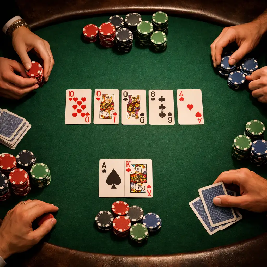 Prawdziwy stół pokerowy widziany z góry, z fizycznymi kartami, kolorowymi żetonami i dłońmi graczy