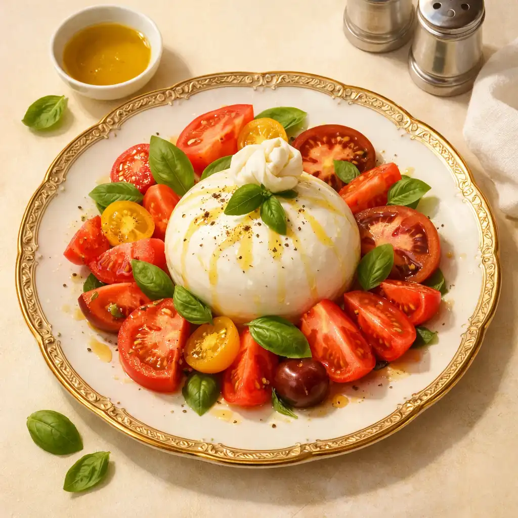 Burrata z pomidorami i bazylią skropiona oliwą