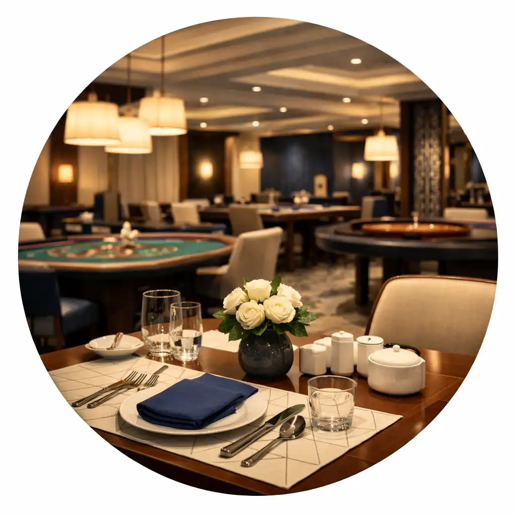 Wnętrze eleganckiej restauracji z widocznymi fizycznymi stołami do gry w tle, ciepła kolorystyka ivory i navy, geometryczne linie stołów.