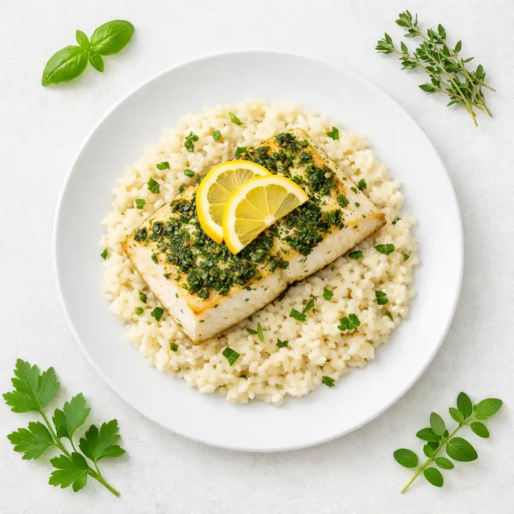 Halibut z ziołami i cytryną podany z ziołowym risotto