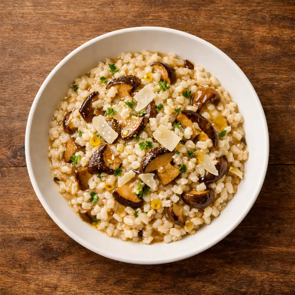 Risotto z borowikami, parmezanem i oliwą truflową w głębokim talerzu