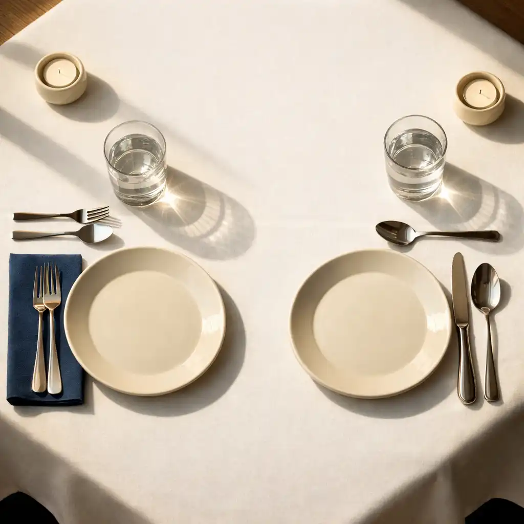Elegancko nakryty stół w restauracji Dine Balor widziany z góry, z ceramicznymi talerzami i szklankami z wodą