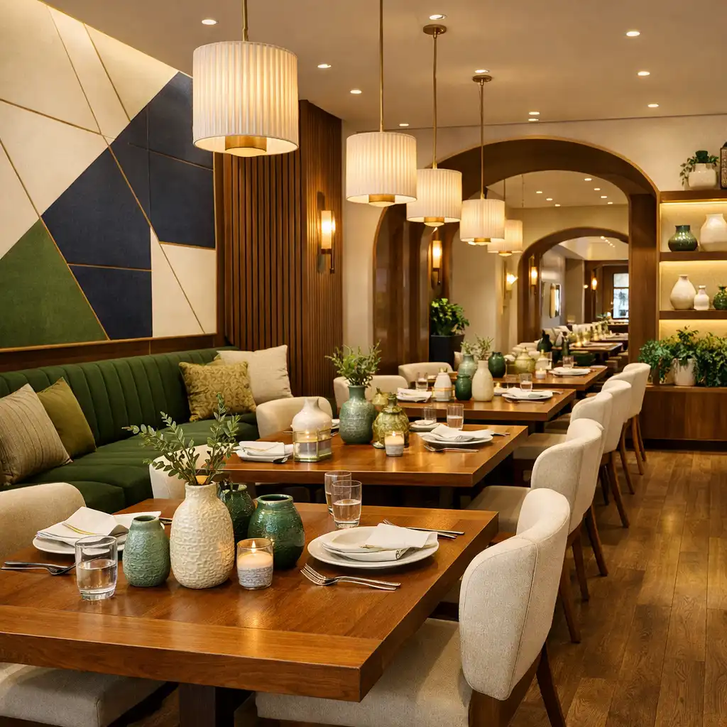 Eleganckie wnętrze restauracji Dine Balor z geometrycznymi liniami, drewnianymi stołami i ciepłym oświetleniem