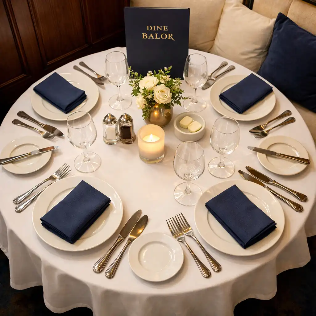 Widok z góry na elegancko nakryty okrągły stół w restauracji Dine Balor
