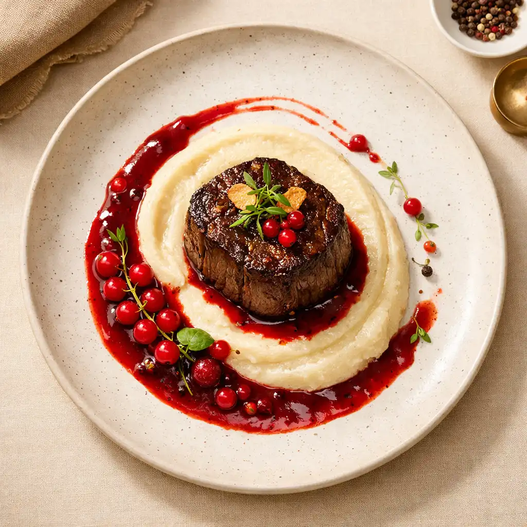Danie signature Dine Balor: polędwica wołowa z puree z selera i sosem z czerwonej porzeczki