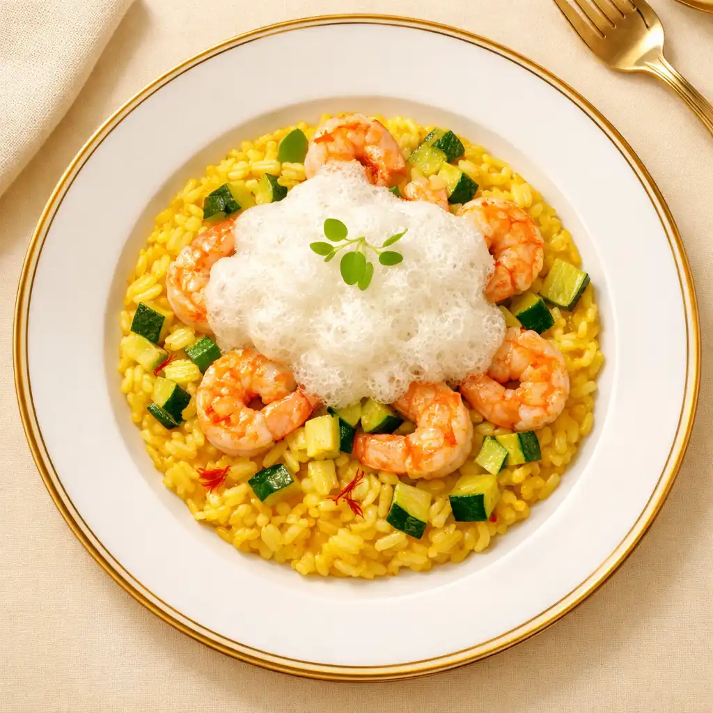Risotto Balor z krewetkami, szafranem i cukinią, wykończone pianą z parmezanu