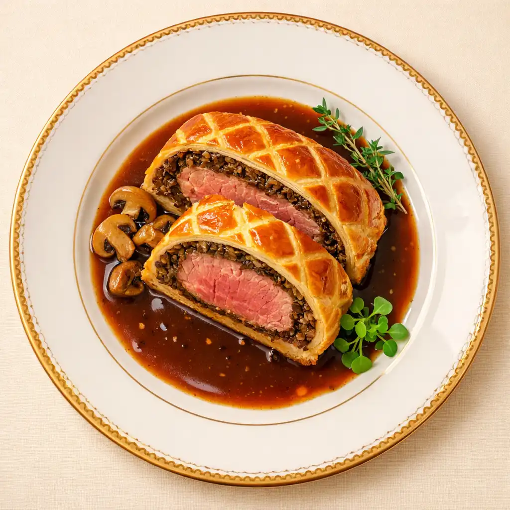 Balor Wellington – wołowina w cieście francuskim z grzybami i sosem demi-glace
