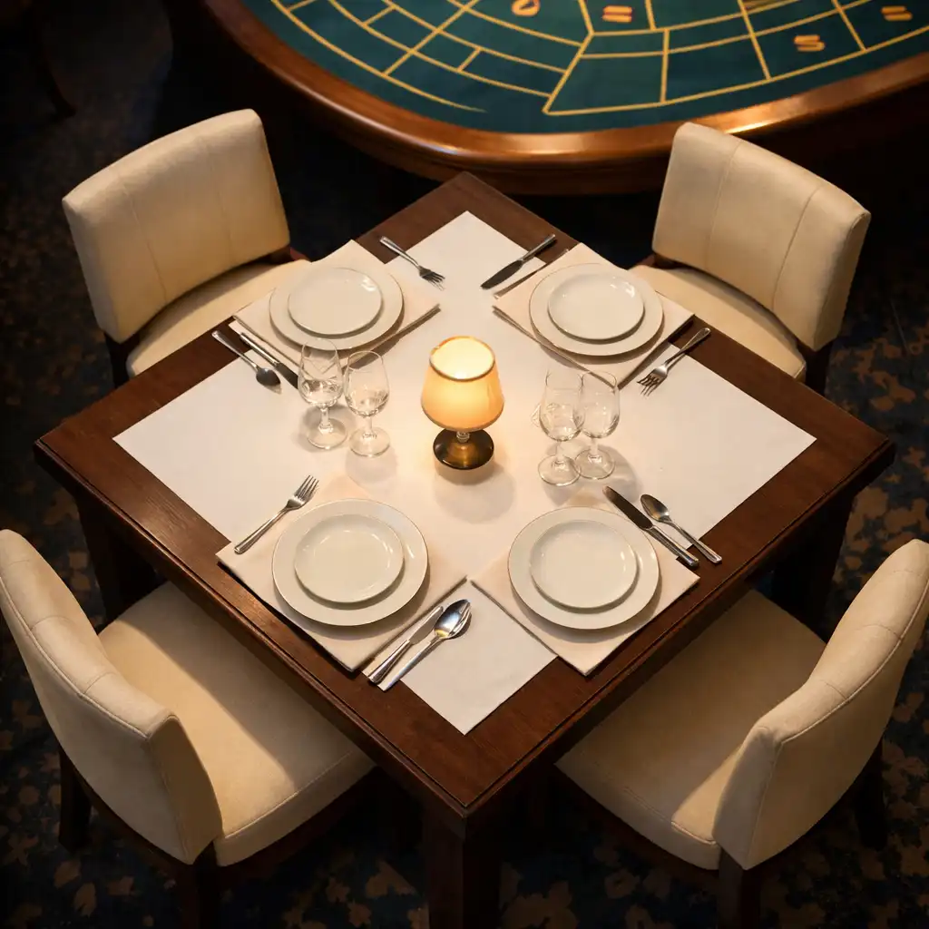 Widok z góry na eleganckie wnętrze Dine Balor: stół restauracyjny i fragment stołu do ruletki w tle