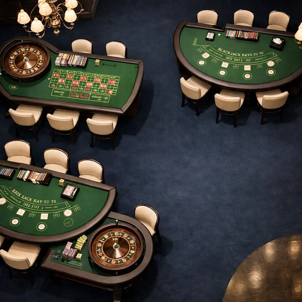 Sala gier w Dine Balor ze stołami do ruletki i blackjacka