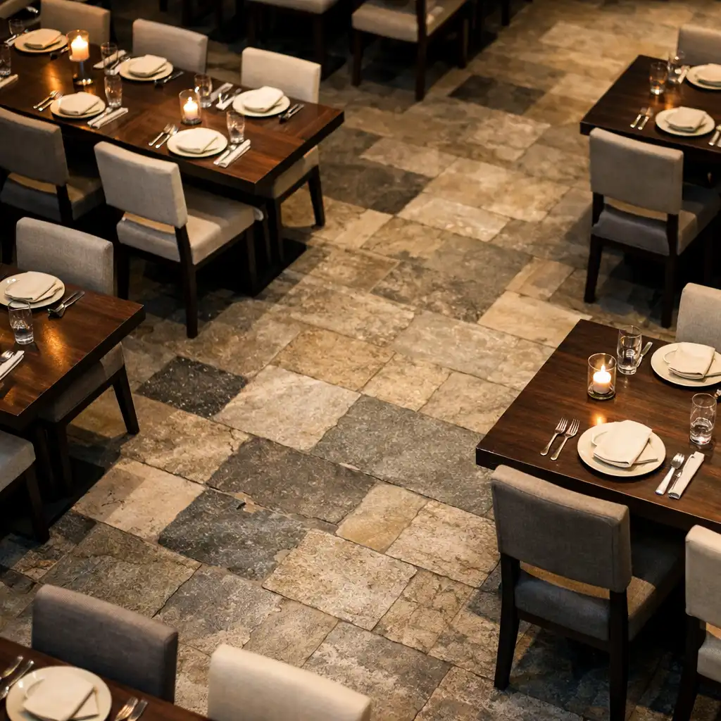 Główna sala restauracyjna Dine Balor z rzędami stołów i punktowym oświetleniem